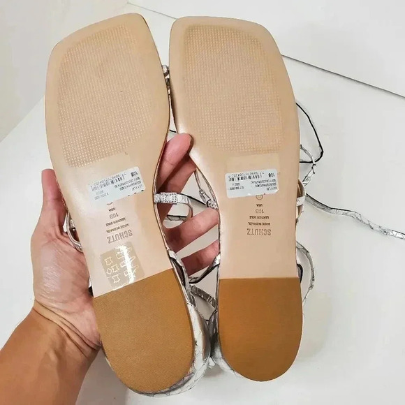 SCHUTZ Krist Flat Sandals in Croc-embossed Metallic Leather 10B - Picture 12 of 14